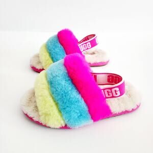 UGG Fluff Yeah Slippers Fuzzy Slingback Sandal Pink Blue & Yellow Toddler Size 9